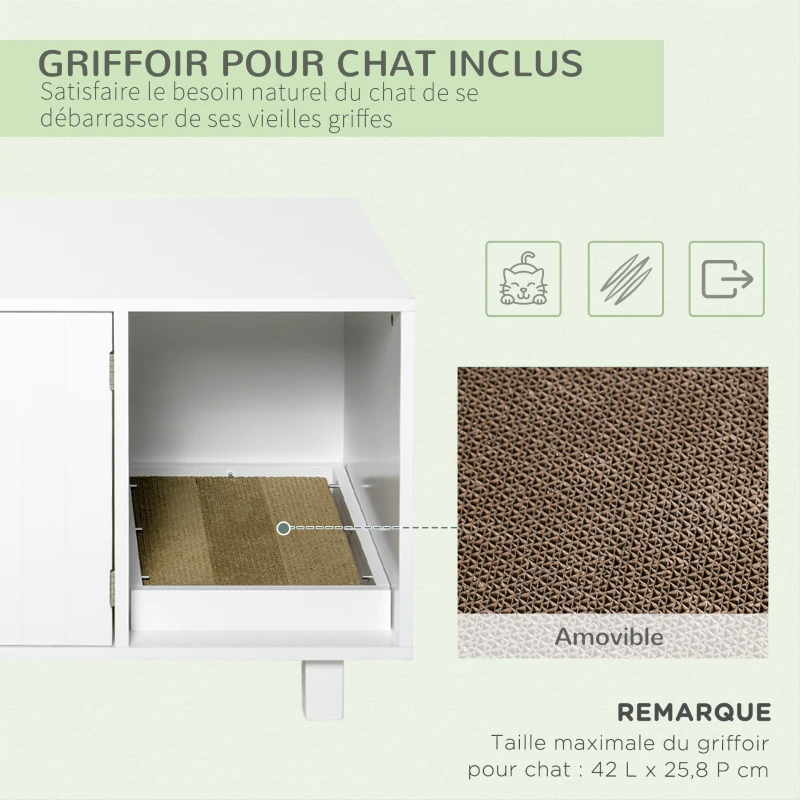 PawHut Maison de toilette pour chat, meuble 2 portes, compartiment griffoir, table d'appoint, 50,5H x 91L x 52l cm, MDF, blanc