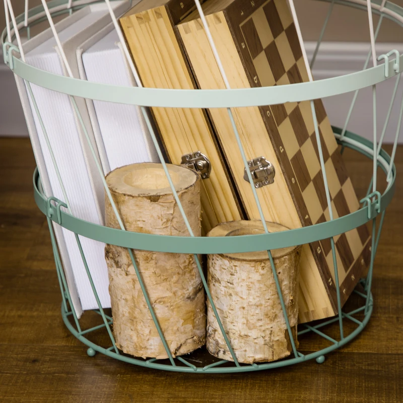 HOMCOM Mesita Auxiliar con Tapa Cesta de Alambre Apilable de Acero para Dormitorio Baño Salón Ø39,5x40,8 cm Verde