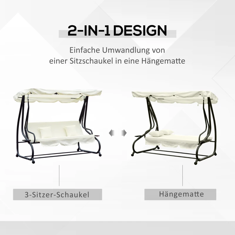 Outsunny Schaukelstuhl 3-Sitzer Hollywoodschaukel Gartenschaukel mit Sitz- und Rückenlehnen Tablett Sitzbank Schwingbank Dachwinkel verstellbar Stahl Polyestergewebe Creme 200 x 120 x 164 cm