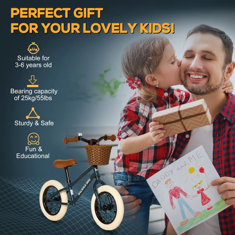 HOMCOM 12 Inch Kids Balance Bike Toddler No Pedal Training Bicycle with Rubber Tires Adjustable Handlebar Basket Bell for 3-6 Year Old