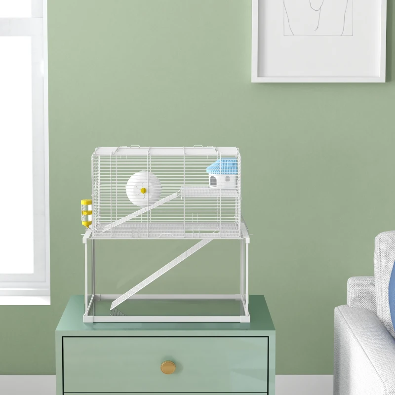 PawHut Gerbil Cage, Dwarf Hamster Cage w/ Deep Glass Bottom, Ramps, Platforms, Hut, Exercise Wheels, Water Bottle - White