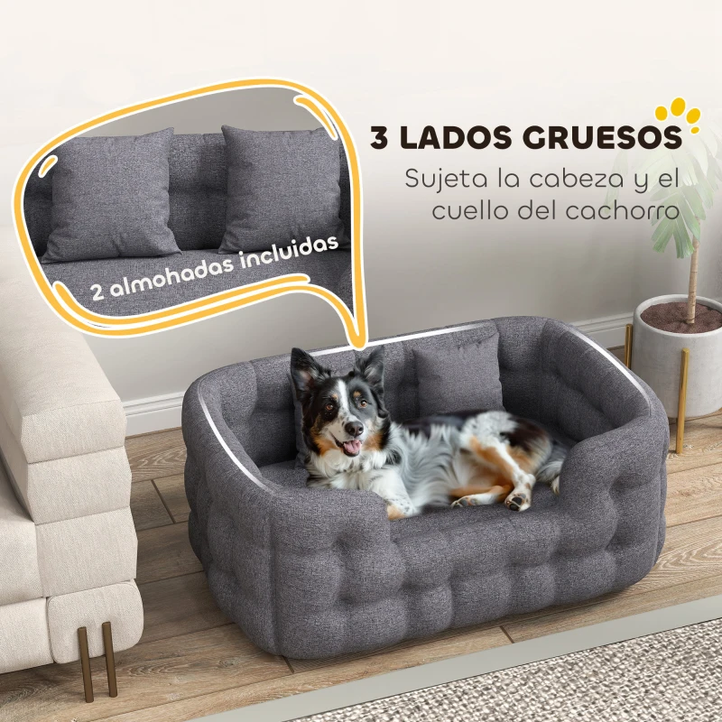 PawHut Cama para Mascotas con 2 Almohadas Colchón para Perros Antideslizante con Funda Extraíble y Lavable 90x60x35 cm Gris