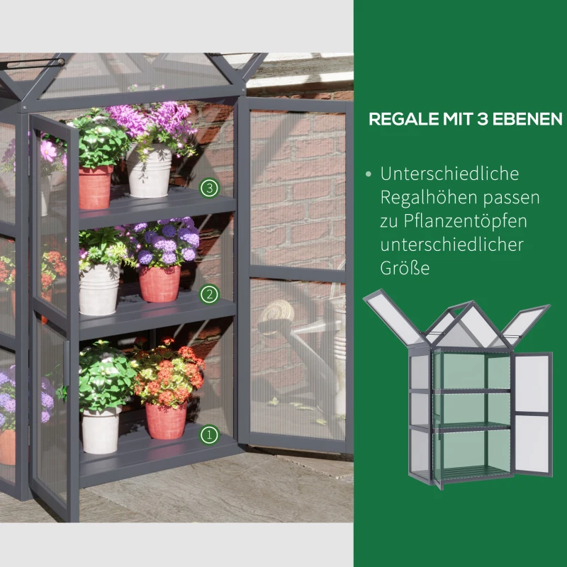 Outsunny Frühbeet Mini Gewächshaus 3 Ebenen Treibhaus Pflanzenbeet mit aufklappbarem Dach Doppeltüren aus Holz Polycarbonat wetterfest Natur 70,5 x 42 x 132 cm