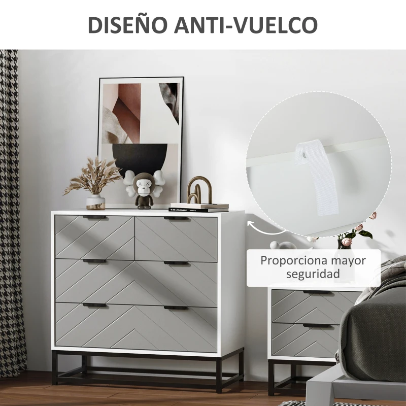 HOMCOM Cómoda de Noche Moderno Cajonera con 4 Cajones y Base Elevada para Dormitorio Salón 80x40x79 cm Blanco y Gris