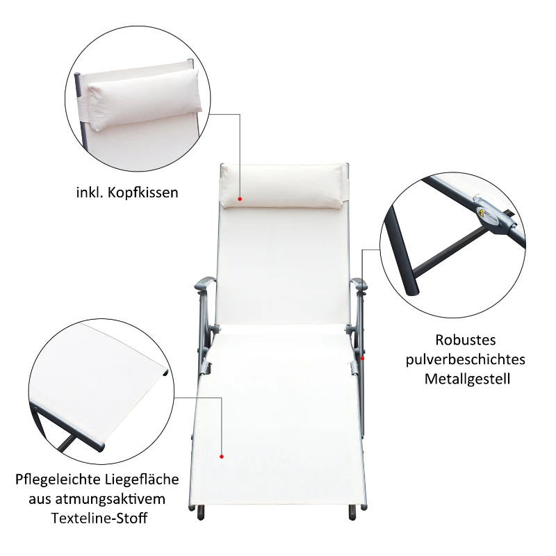 Outsunny Sonnenliege klappbar Strandliege mit Kissen Liegestuhl mit 7-Fach verstellbare Rückenlehne Gartenliege Relaxliege Gartenstuhl bis 165 kg belastbar, für Garten Urlaub Outdoor, Cremeweiß