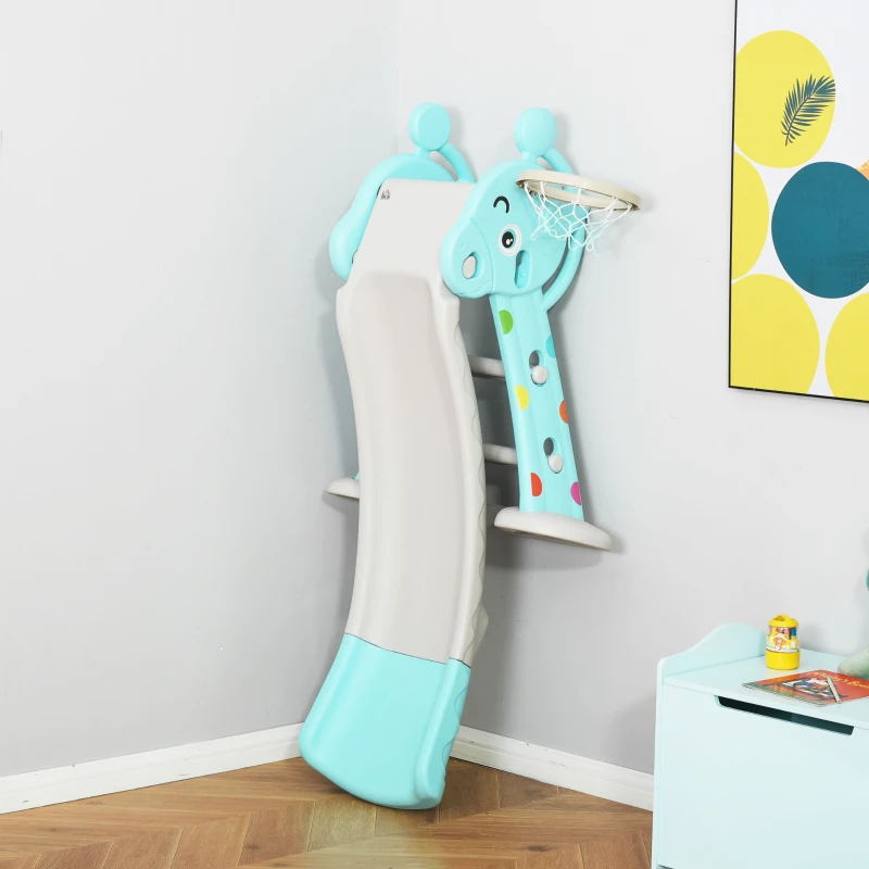 HOMCOM Kinderrutsche mit Basketballkorb faltbare Spielzeugrutsche mit verlängerter Heckkissen Dreiecksstruktur HDPE PP Hellblau+Grau 147 x 82 x 85,5 cm