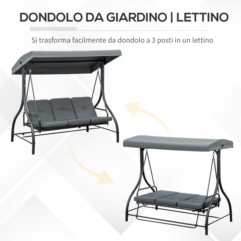 Outsunny Dondolo da Giardino 3 Posti Convertibile in Lettino con Tettuccio Regolabile, Grigio Scuro