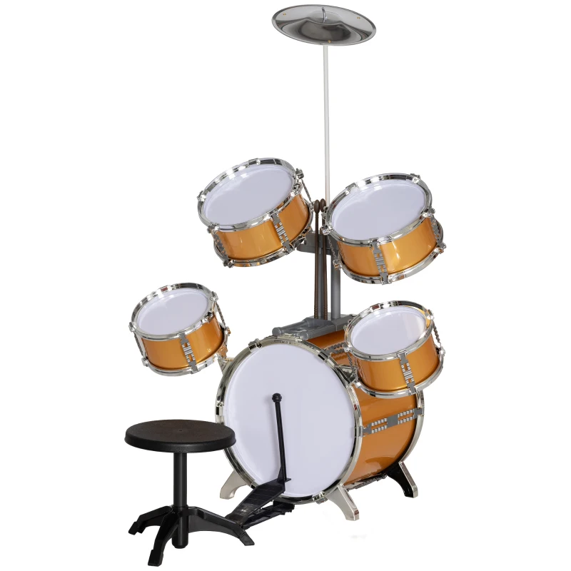 AIYAPLAY Batería para Niños de +3 Años con Taburete Tambores Bombo Platillo Pedal y Baquetas 65x36x76 cm Dorado