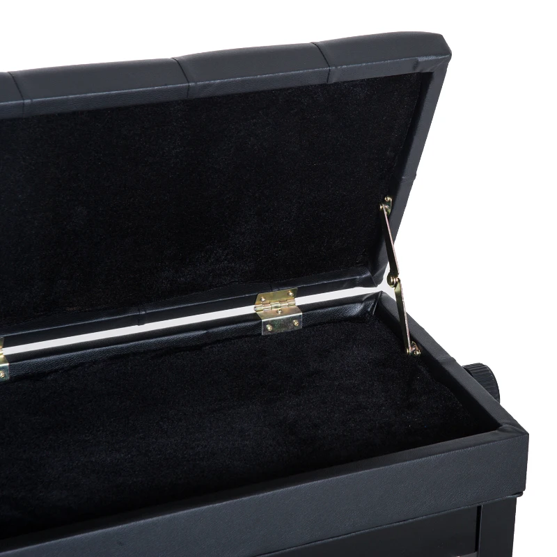 HOMCOM Banc de piano, banc de clavier réglable en hauteur en bois massif, tabouret piano avec compartiment caché, siège rembourré polyuréthane à 10 boutons, stable et antidérapant, charge 200kg, noir