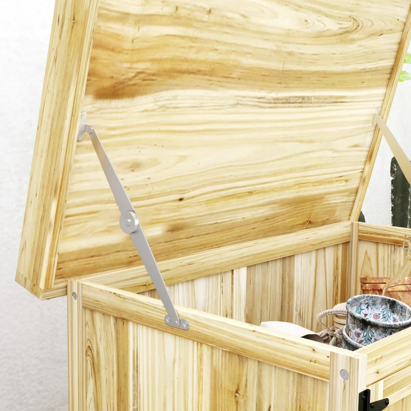 Outsunny Gartenschrank, Werkzeugschrank für den Außenbereich, mit Arbeitsfläche, Holz und Edelstahl, Doppeltüren, Naturholz(m-9)