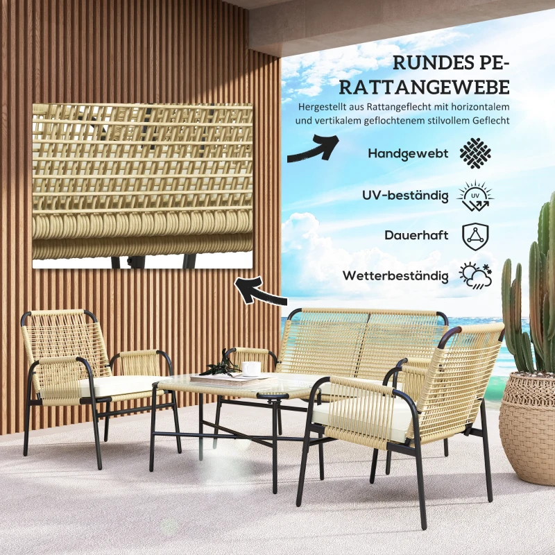 Outsunny 4-teilige Gartensitzgruppe Gartenmöbel-Set Lounge-Möbel, 110 cm x 65 cm x 74 cm, Natur + Cremeweiß