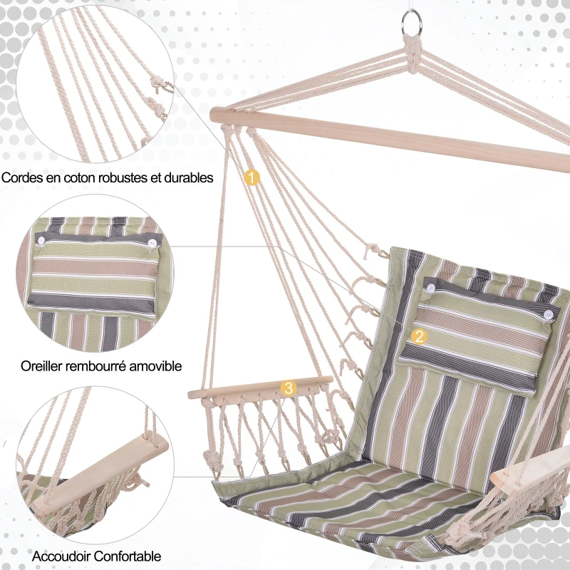 Outsunny Chaise Suspendue hamac de Voyage Respirant Portable dim. 100L x 49l x 106H cm Coton macramé Polyester Multicolore rayé