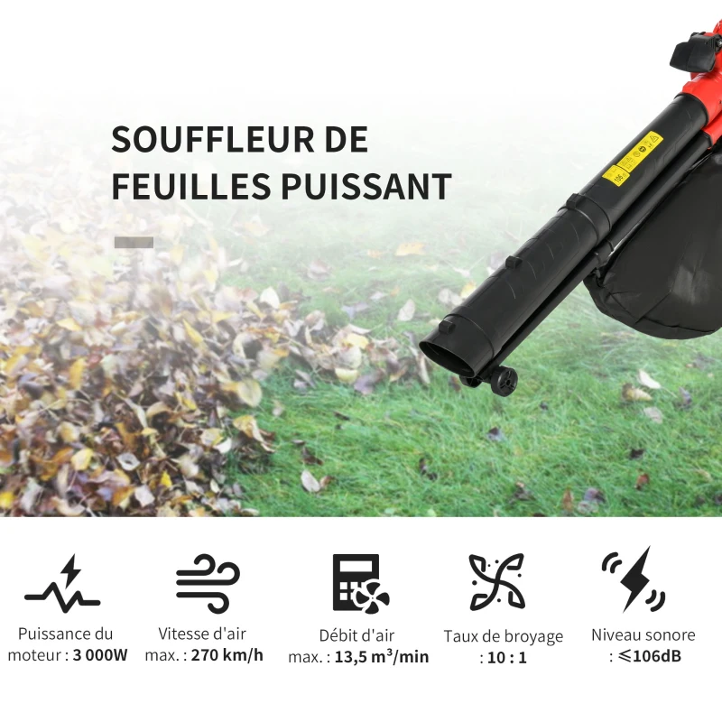 Outsunny Souffleur aspirateur broyeur à Feuilles 3000 W - Sac ramassage 45 L - roulettes & bandoulière - PP Rouge Noir