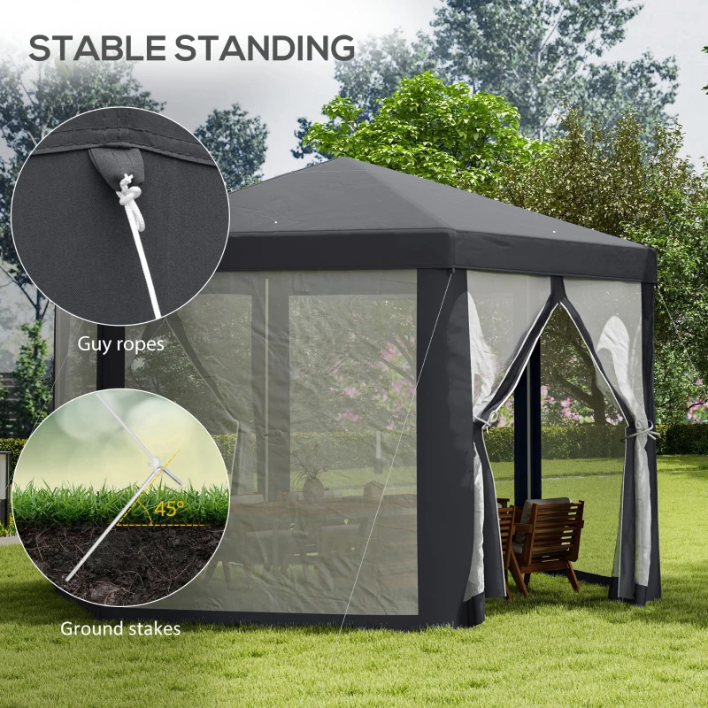 Outsunny 4M Hexagon Gazebo, Netting Party Tent, Patio Canopy Outdoor Event Shelter for Activities, Shade Resistant, Grey