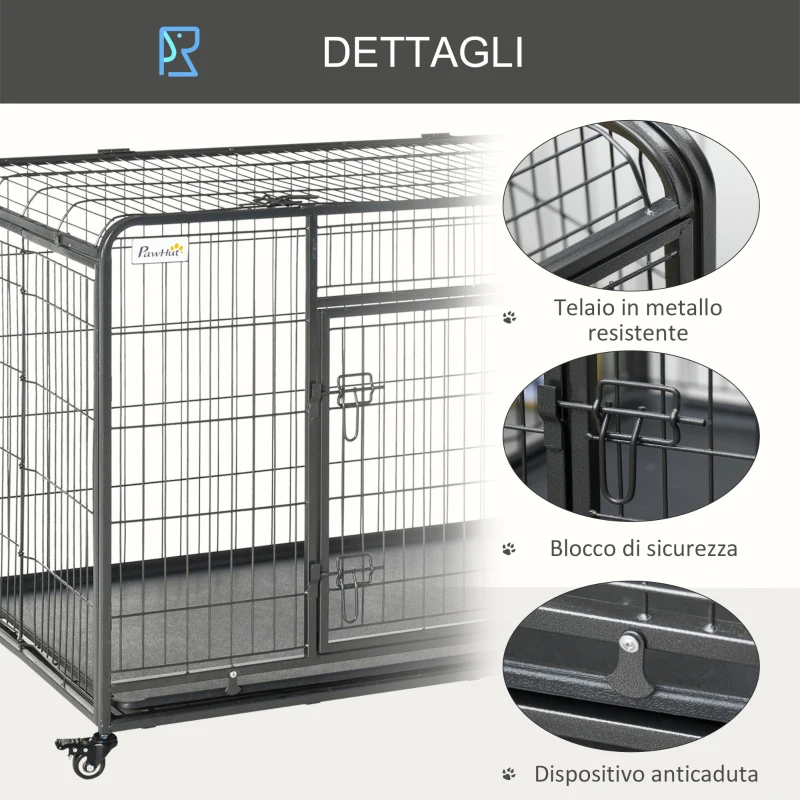 PawHut Kennel Gabbia per Cani Pieghevole a Doppia Porta con Blocco, Box per Cani con 4 Ruote con Freno e Fondo Rimovibile, 125x76x81cm, Grigio Scuro