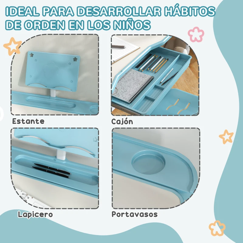 ZONEKIZ Pupitre Infantil Ajustable con 1 Cajón 1 Estante para Libros y Ángulo de Mesa Ajustable 80x49,5x82-104 cm Azul y Blanco