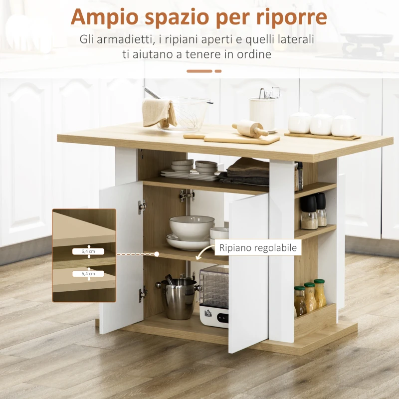 HOMCOM Isola per Cucina 4-6 Persone con Armadietti e Ripiani Aperti, in Truciolato, 110x70x75.5 cm, Bianco e color Legno(m-6)