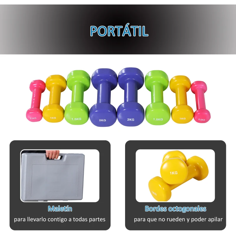 HOMCOM Juego de 8 Mancuernas Portátil 4 Pares de 0.5kg 1 kg 1.5 kg 2kg Caja Exterior para Gimnasio Ejercicios Entrenamiento en Casa Metal 41x30x8 cm Multicolor