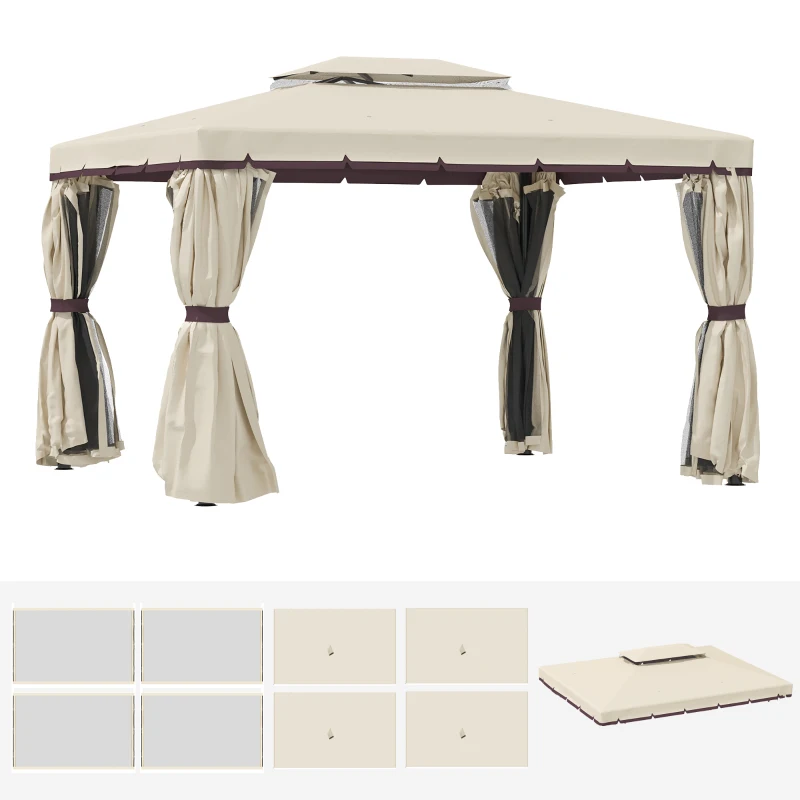 Outsunny Toile de rechange pour pavillon tonnelle tente polyester haute densité 4 rideaux 4 moustiquaires 389 x 290 cm beige