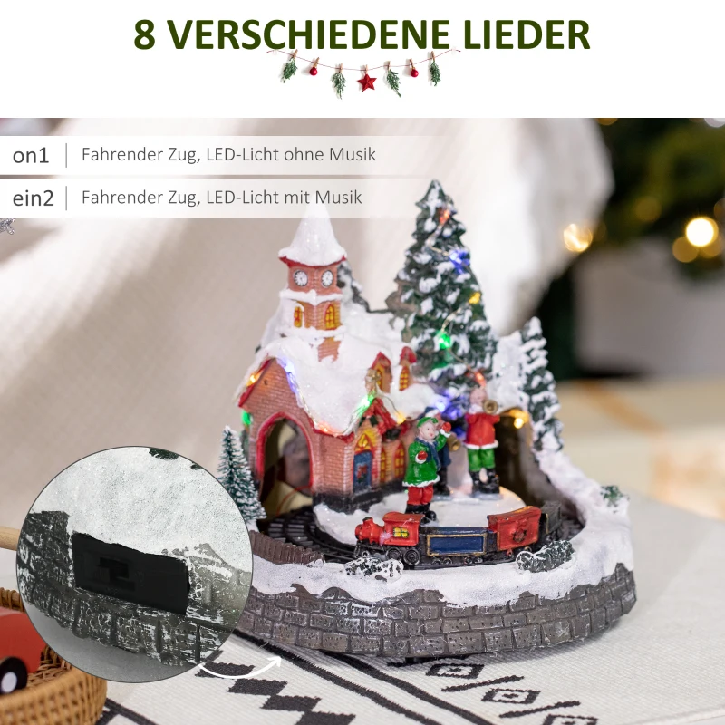HOMCOM Weihnachtsdeko, verschneites Dorf, LED-Lichter, beweglicher Zug, 8 Lieder, 2 Modi, Harz, Mehrfarbig