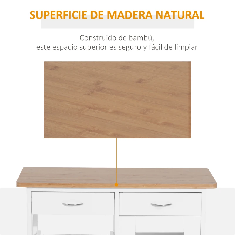 HOMCOM Carro de Cocina Multiusos Carrito Auxiliar con Ruedas para Dormitorio con Estantes Cestas Cajones 70x37x85cm Madera