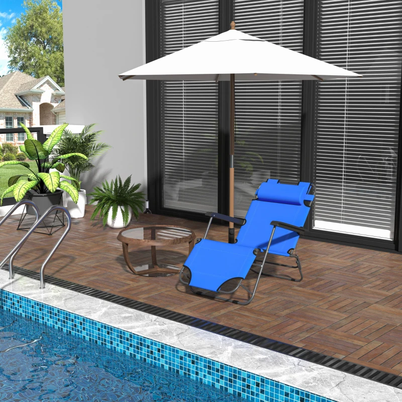 Outsunny Tumbona Reclinable y Plegable con Respaldo Ajustable en 2 Niveles Reposacabezas y Bolsillo Carga 136 kg 118x60x80cm Azul