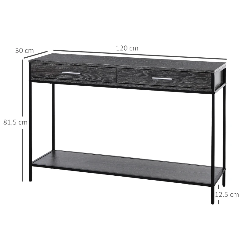 HOMCOM Consolle da Ingresso Stile Industriale in Legno e Acciaio con 2 Cassetti, 120x30x81.5cm, Grigio
