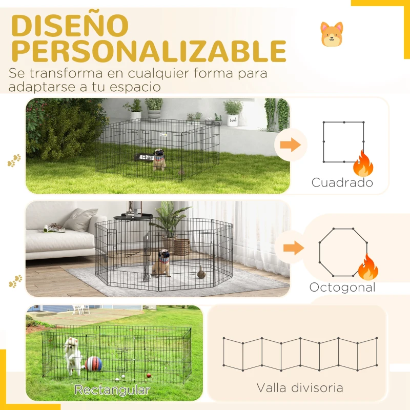 PawHut Parque de Juegos para Perros 8 Paneles 61x61 cm Plegables Jaula Metálica para Mascotas con Puerta y Doble Cerradura para Jardín Patio Exterior Negro