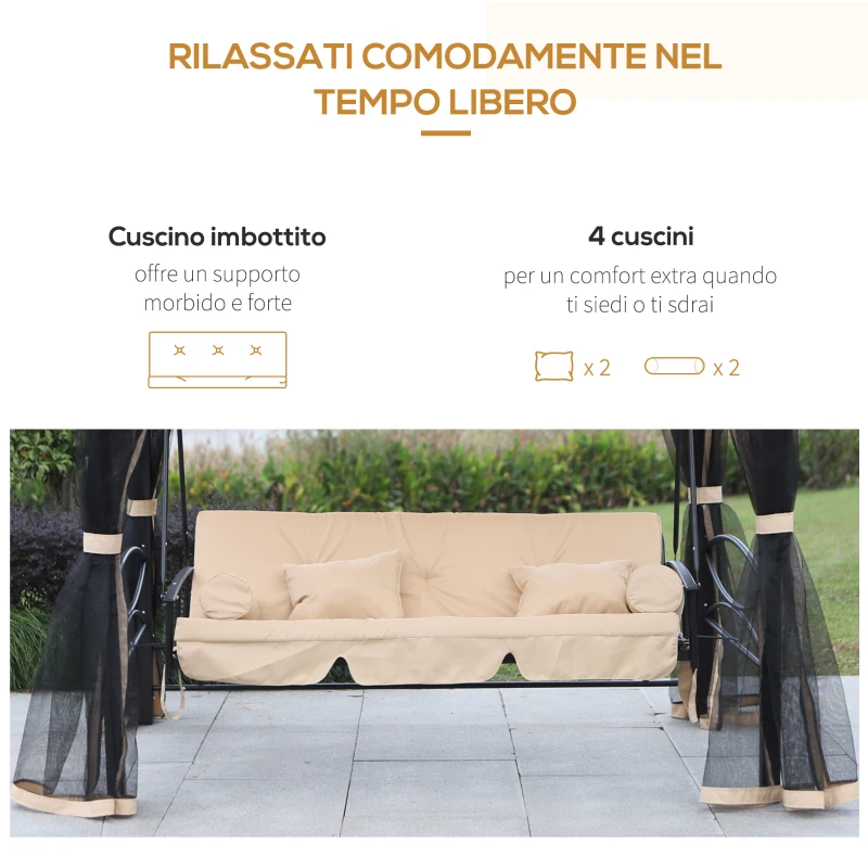 Outsunny Dondolo da Giardino 3 Posti Lettino e Gazebo Design 3 in 1 con Tettuccio, 256x172x248cm, Beige