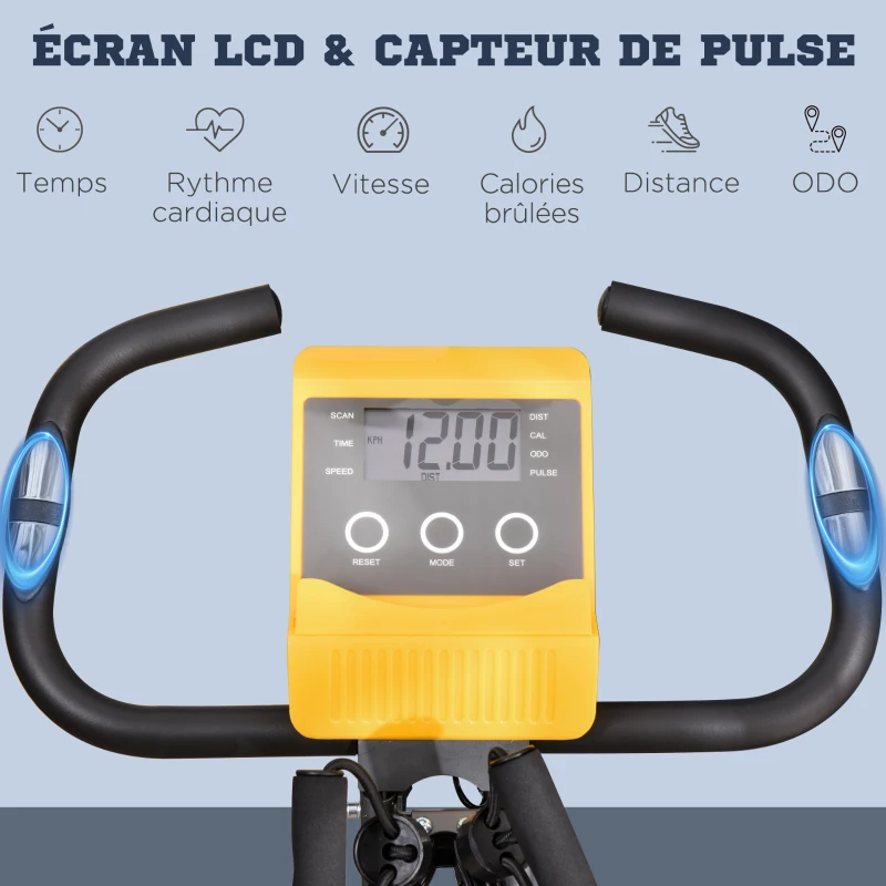 HOMCOM Vélo d'appartement pliable, vélo d'exercice, home traîner pour adultes, 8 niveaux de résistance magnétique, capteurs pouls main, écran LCD multifonction, selle réglable, acier, jaune, noir