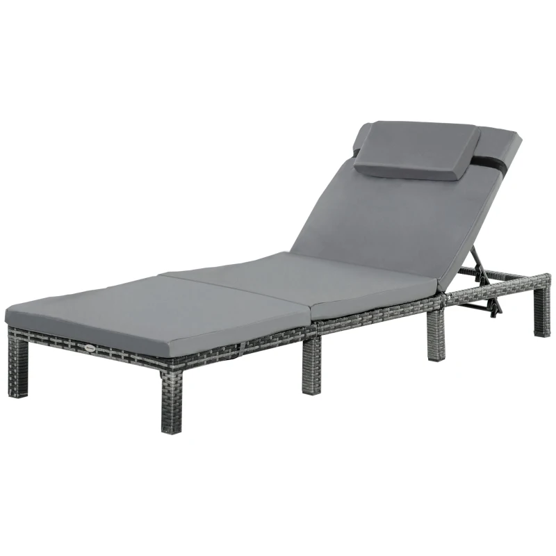 Outsunny Rattan Sun Lounger, 5-Level Adjustable Garden Lounger Recliner with Cushion and Headrest, Outdoor Reclining Sunbed, Steel Frame Garden Chair for Patio, Beach, Terrace, Dark Grey