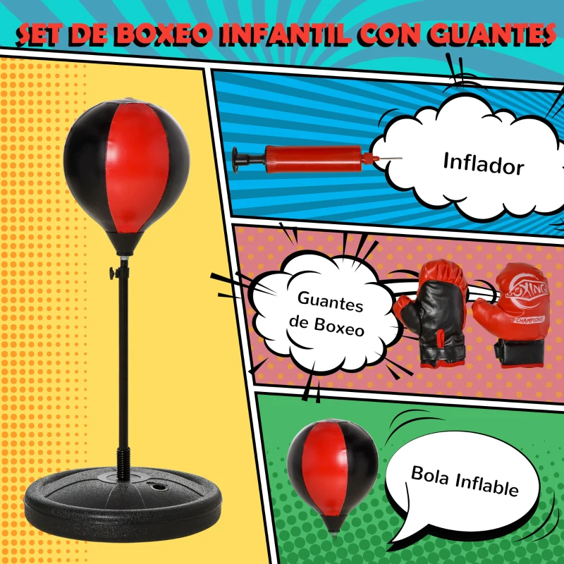 HOMCOM Saco de Boxeo para Niños de +3 Años Altura Ajustable Set de Boxeo Punching Ball con Guantes e Inflador Base Rellenable 33x33x73-109 cm Negro y Rojo