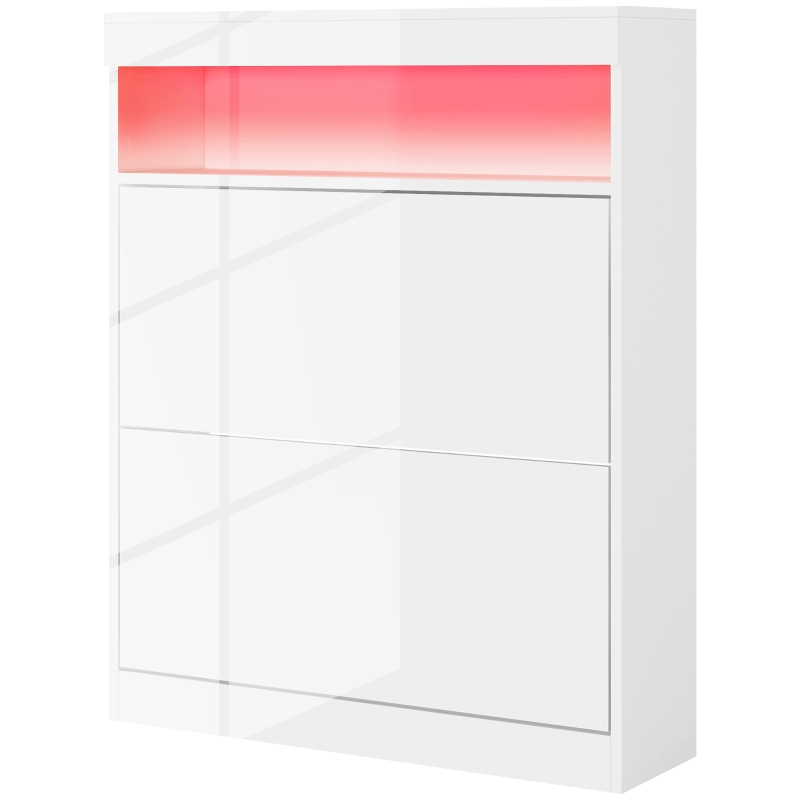 HOMCOM Armario Zapatero con Luces LED y 2 Cajones Abatibles para 12-16 Pares de Zapatos 80x24x99,5 cm Blanco Brillante(m-10)