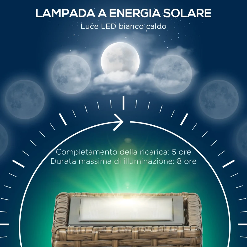 Outsunny Lampada Solare da Giardino con Pannello di Ricarica, in Acciaio e Rattan, 15.5x15.5x46 cm, Nero e Marrone