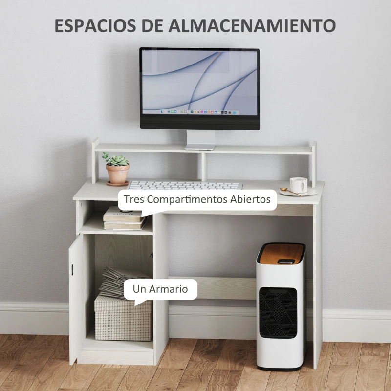HOMCOM Escritorio con Estantería Moderno Escritorio con Compartimentos Abiertos Soporte para Monitor 108x50x94 cm Crema
