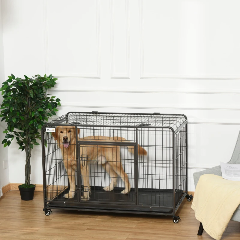 PawHut Jaula para Perros Plegable de Metal Jaula para Perros Grandes 125x76x81 cm con Ruedas y Frenos Bandeja Extraíble y Puerta con Pestillos para Golden Retriver Labrador Gris Oscuro
