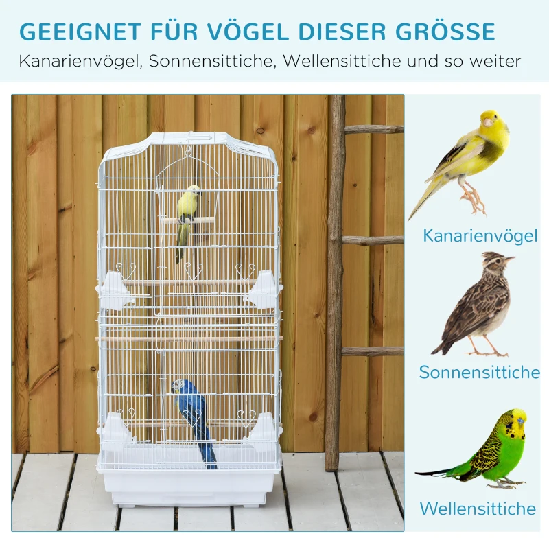 PawHut Vogelkäfig im Vintage-Design für kleine Vogelarten inkl. Zubehör 47,5 cm x 36 cm x 91 cm Metall, Holz, Weiß+Natur