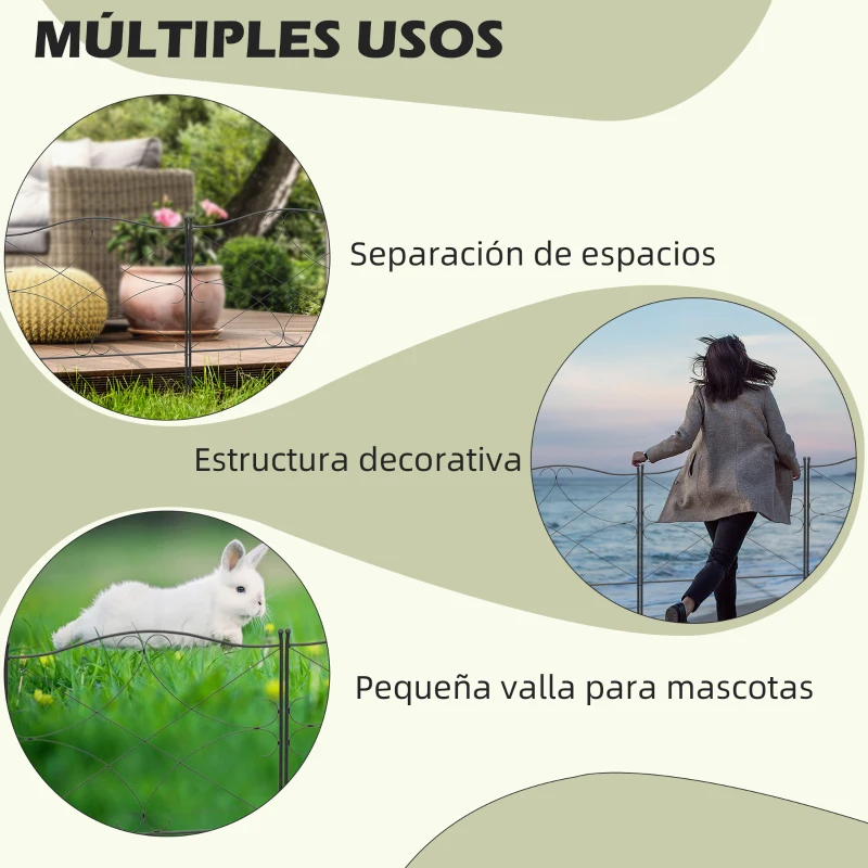 Outsunny Vallas Decorativas para Jardín de 5 Paneles 305x62 cm Cerca de Privacidad de Metal con Estacas y Bordes de Césped Negro
