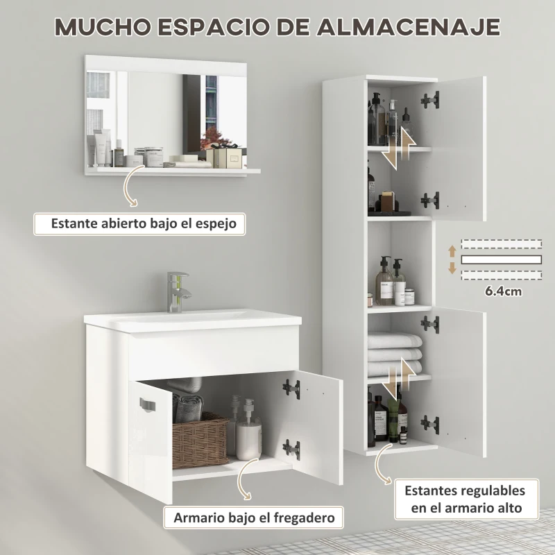 kleankin Conjunto de Muebles de Baño de Pared 3 Piezas Incluye Espejo Armario con Lavabo Cerámico y Columna de Baño Blanco