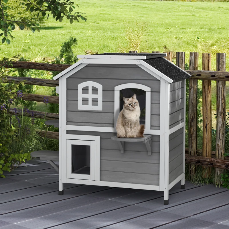 PawHut 2-story Cat House Outdoor, Weatherproof Wooden Cat Enclosure for Feral Cats with Escape Door, Openable Roof, Jumping Platforms, Grey