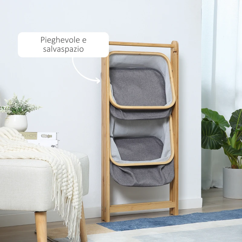HOMCOM Mobile Bagno Pieghevole in Bambù con 2 Cassetti in Tessuto Poliestere Grigio, 45x35x98cm