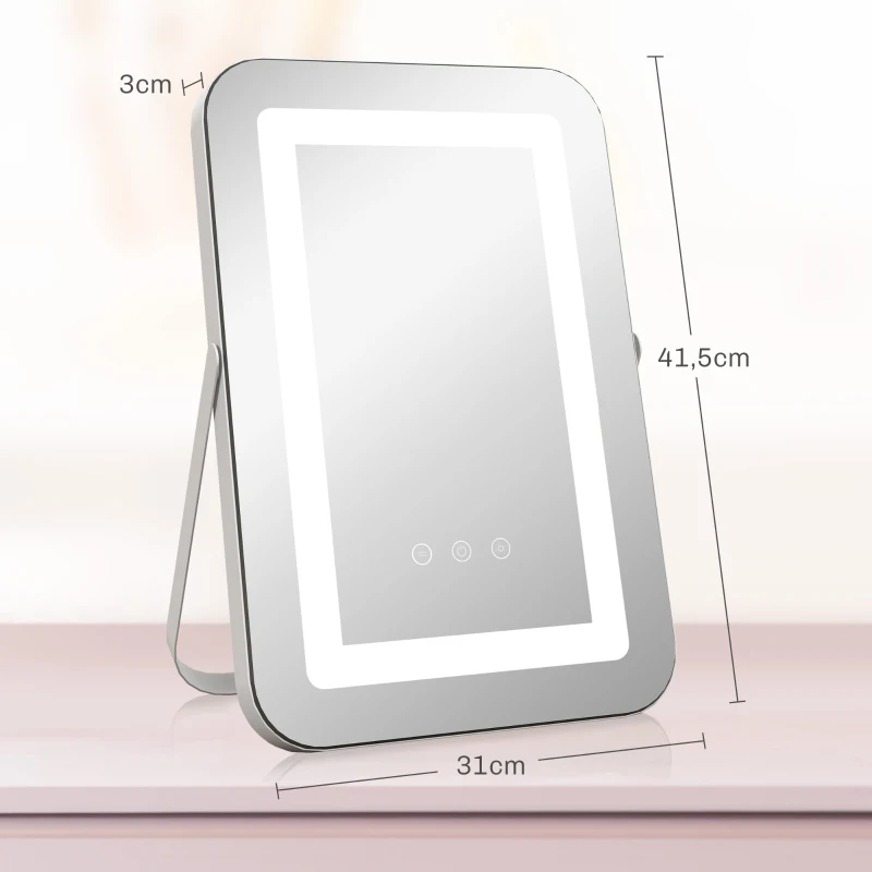 HOMCOM Espejo Tocador Giratorio 30x40 cm con 3 Modos de Iluminación Ajustables Interruptor Táctil Espejo de Aumento Blanco