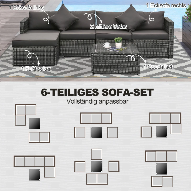 Outsunny Gartenmöbel-Set für 4 Personen, Rattanoptik, Beistelltisch mit Hartglasplatte, Sitz- und Rückenkissen, grau
