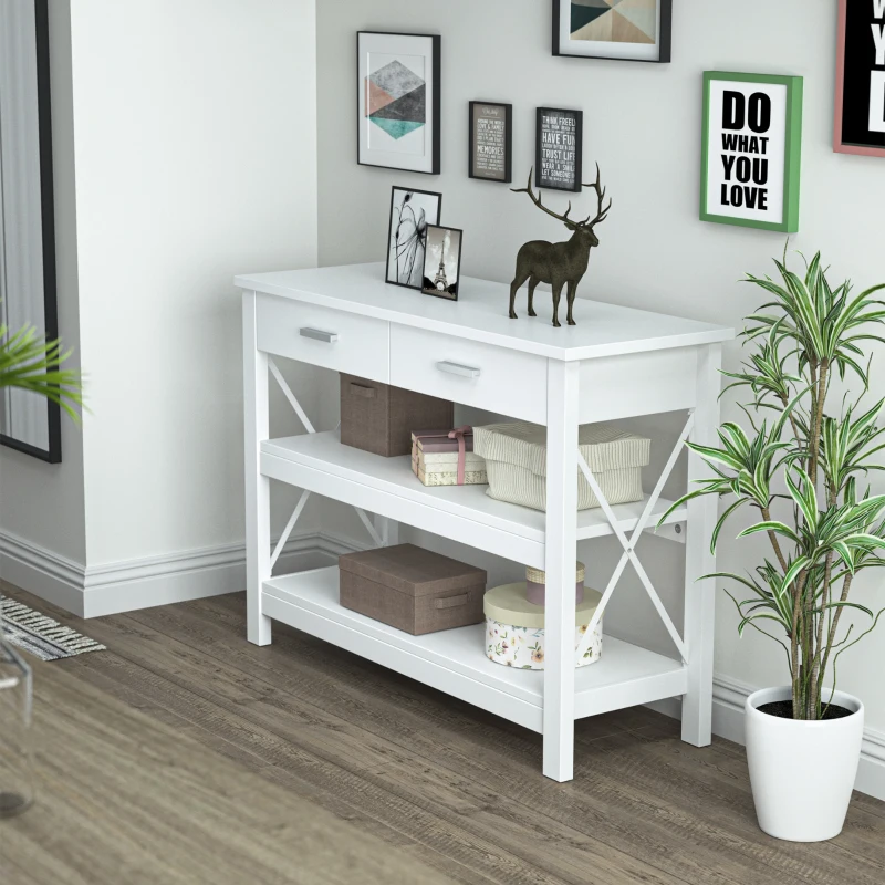 HOMCOM Mesa Consola Mesa de Recibidor Entrada con 2 Cajones y Estantes Inferiores Marco Metálico 105x40x76 cm Blanco