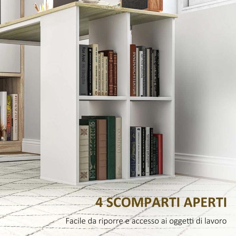 HOMCOM Scrivania per Computer Salvaspazio con 4 Ripiani Aperti, in Legno e Acciaio, 120x54x75 cm, Bianco e Rovere