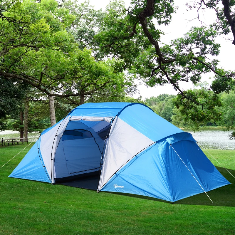 Outsunny Tente de camping familiale 4-6 personnes tente dôme étanche légère, ventilée 2 cabines fenêtre grande porte facile à monter 4,3L x 2,4l x 1,7H m bleu blanc