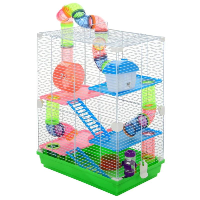 PawHut 5 Tier Hamster Cage Carrier Habitat w/ Exercise Wheels, Tunnel, Green