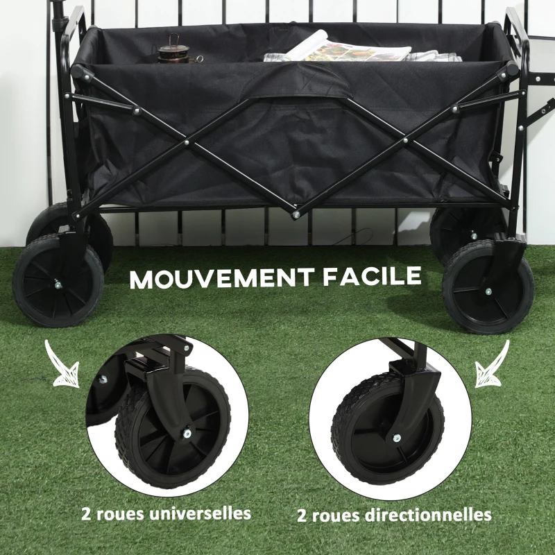 Outsunny Chariot de Jardin Pliable 4 Roues bâche Amovible poignée télescopique Inclinaison réglable Plateau Pliable noir