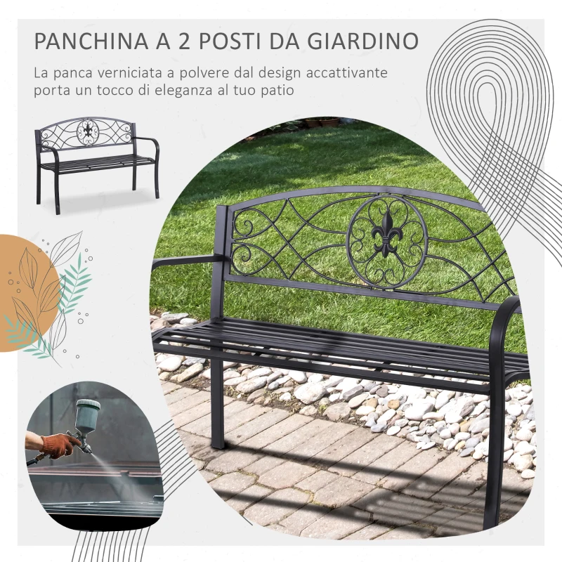 Outsunny Panchina da Esterno a 2 Posti, Panchina da Giardino Design Floreale Ergonomica con Braccioli in Metallo Nero, 129x50x91cm