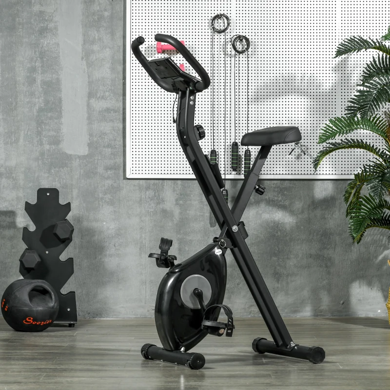 HOMCOM Bicicleta Estática Plegable con 8 Niveles de Resistencia Magnética Pantalla LCD y Asiento Regulable 43x85x109cm Negro